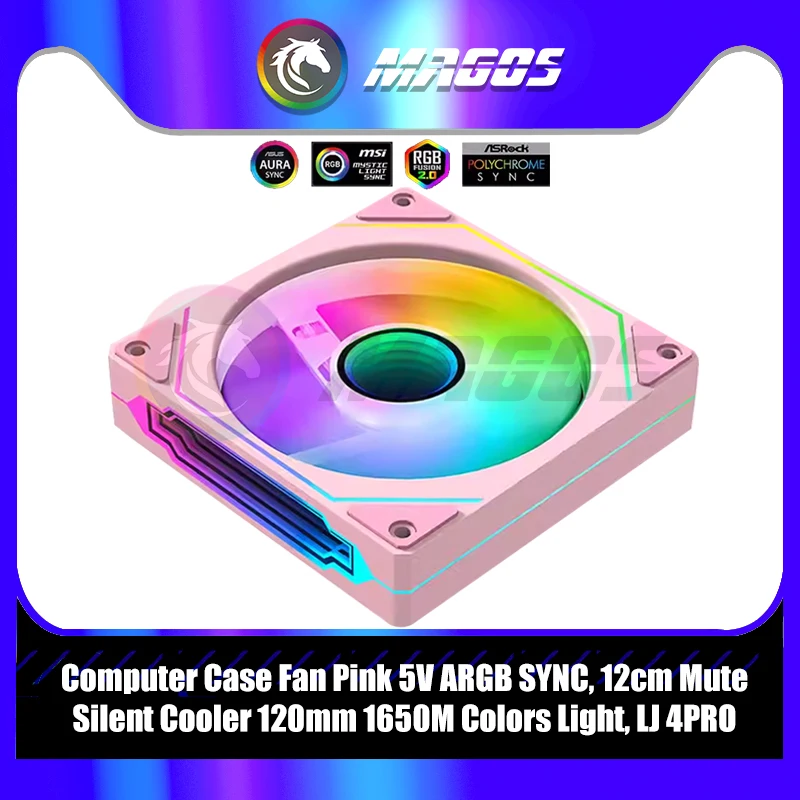 Computer Case Fan Pink 5V ARGB SYNC, 12cm Mute Silent CPU Cooler 120mm 16.5M Colors Light, Forward or Reverse Blade, LJ 4PRO