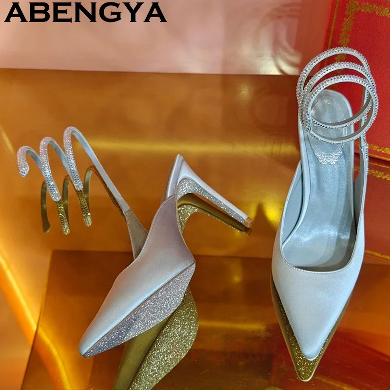 

Hot Crystal Bandage Satin Thin High Heels Shoes Women Luxury Sexy Pointy Toe Slingback Pumps Summer Dress Party Shoes Woman