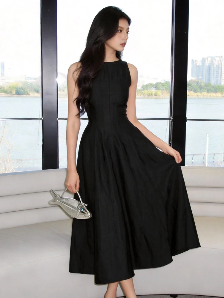 Women Vintage O Neck Sleeveless Midi Dress Black Simple Classic Flare A‑Line Long Dresses Robe Cocktail Evening Party Casual New