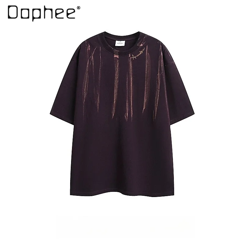 

Dark Purple Gradient Vertical Tie Dye T Shirt Men Handwriting Embroidery Loose Casual Streetwear Short Sleeve Black Top