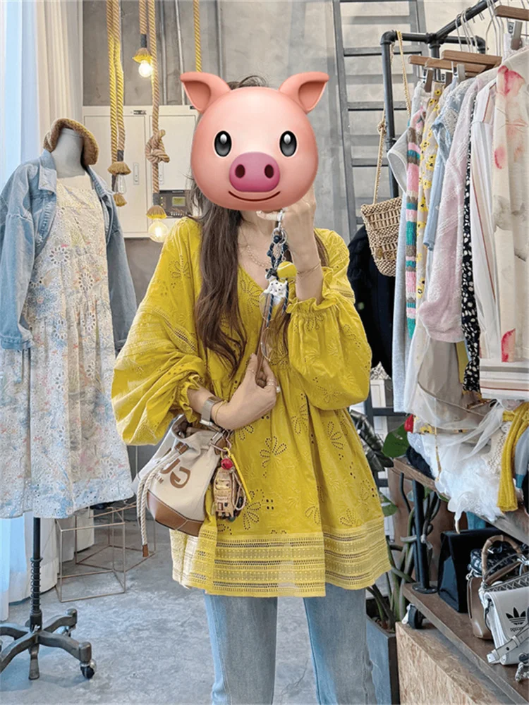 

Ele Lantern Sve irt Women's Vintage Sle Spring New Top Dongda Gate Matching Casual Loose Fit UV Protection Sunscreen