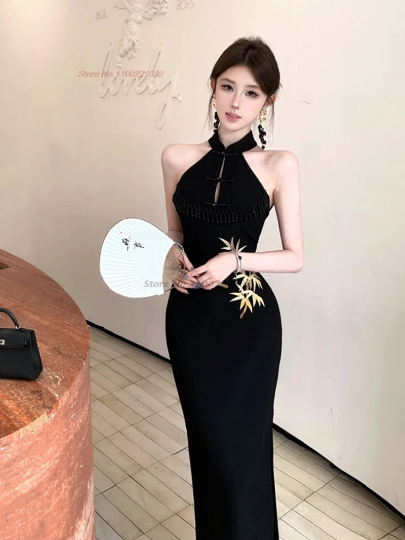 

2026 traditional sexy dress national bamboo embroidery sleeveless cheongsam evening dress nightclub qipao banquet party dress