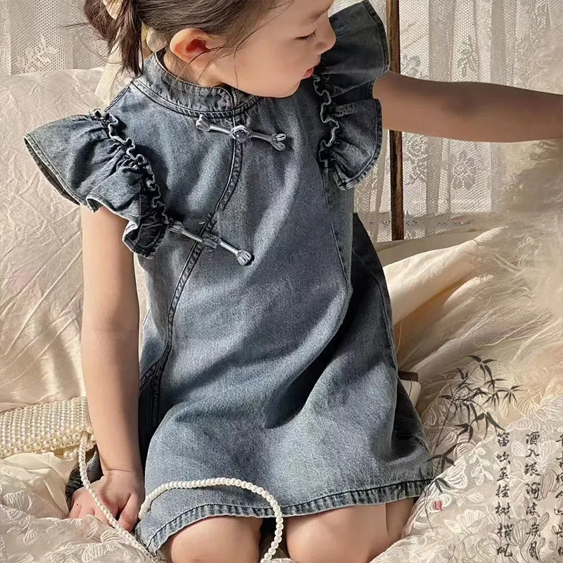 Robe d\'été en fibre de bois pour filles de 2 à 7 ans, vêtement en denim, couleur unie, nouvelle collection