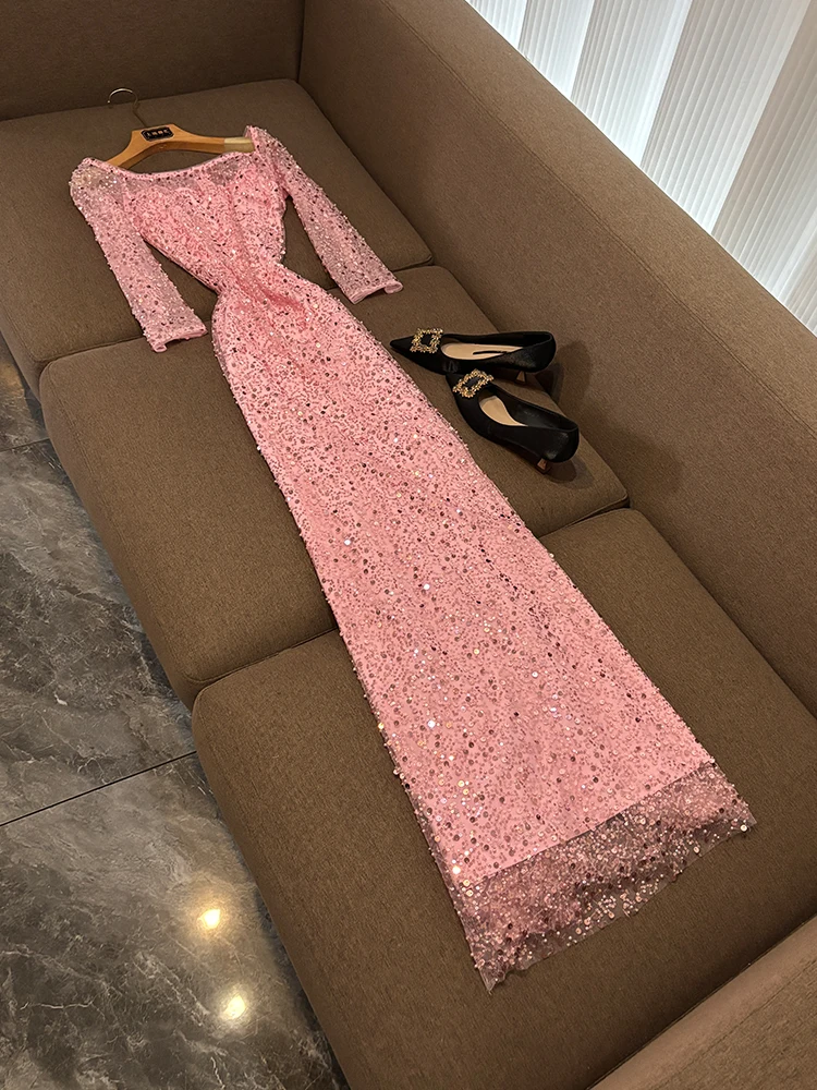 Robe de soirée longue, asymétrique épaule dénudée, broderie lourde, jupe en filet à paillettes, taille moyenne, t-shirt Sve régulier en Fiber d'acétate, nouvelle collection 2025