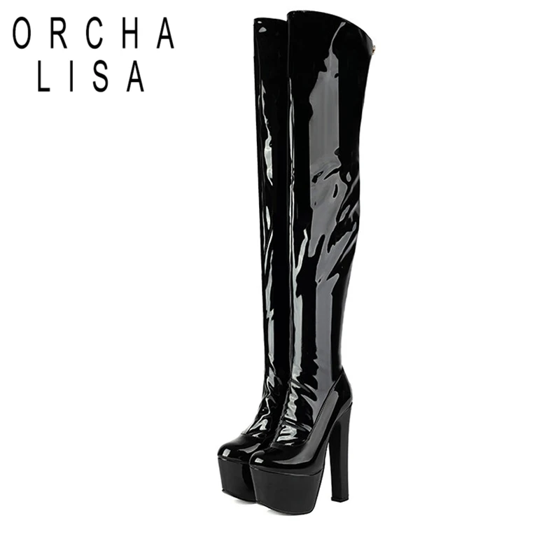 

ORCHALISA Luxury Faux Leather Thigh High Boots Extra High 16.5cm Chunky Heels 6cm Platform Zip Big Size 45 46 Party Women Bota