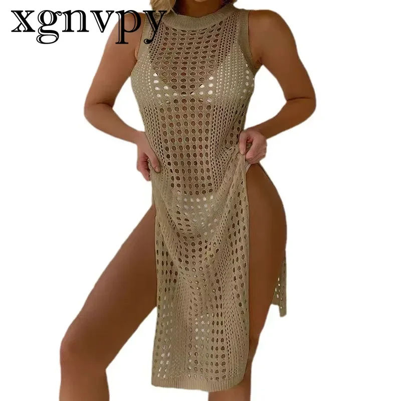 xgnvpy Women Hollow Out Crochet Cover Up Swimwear Sleeveless Bikini Dress Smock Split Knitwear Sexy Beachwear Solid Swimsuit