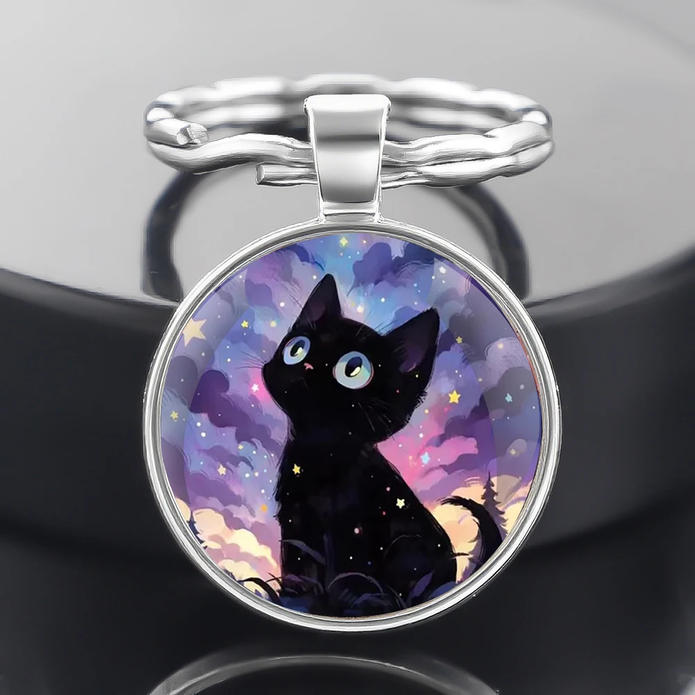 Porte-clés en forme de chat mignon, Design graphique Unique, dôme en verre, argent, chaîne de sac de voiture, accessoire de bijoux, cadeau Souvenir