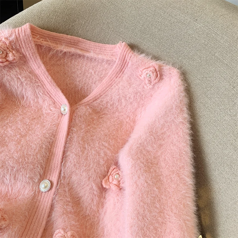 NEW Pink Flower Cardigan Women Clothing Knitting Sweater V-neck Long Sleeves Vintage Korean Fashion White Baggy Female Tops