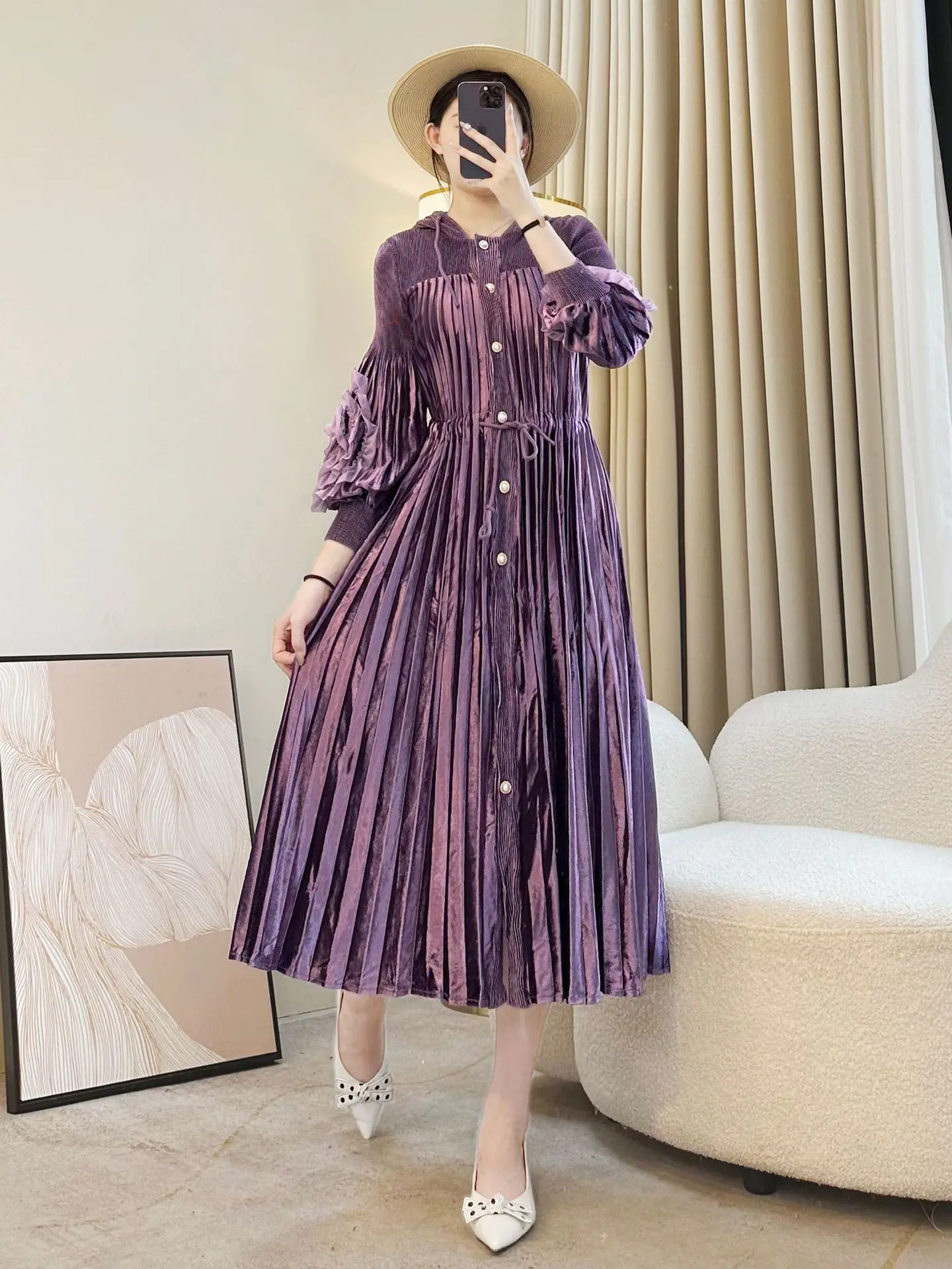 Robe longue plissée élégante pour femmes, Texture velours, robe Maxi boutonnée à manches longues, mode automne hiver