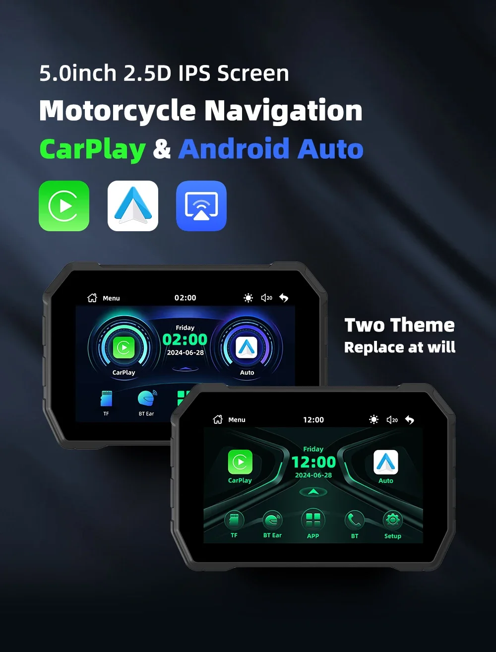 

5-дюймовый водонепроницаемый мотоциклетный экран, беспроводной CarPlay и Android Auto, двойной BT, яркий дисплей, быстрое стабильное соединение