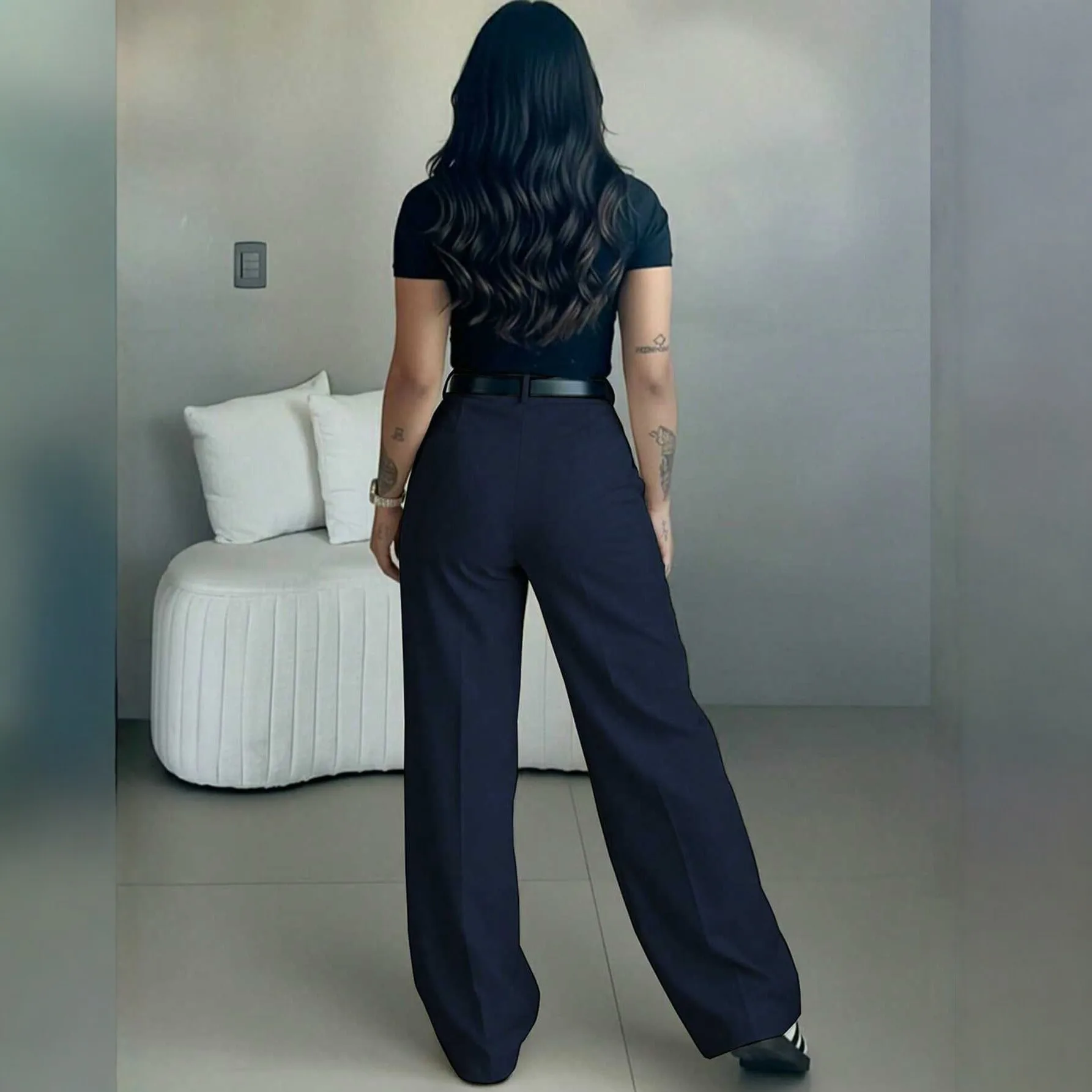 Casual High Waist Pants Loose Fit Solid Navy Straight Cut Trousers Flat Front Wide Leg Pants Belted Waist Full Length Woven