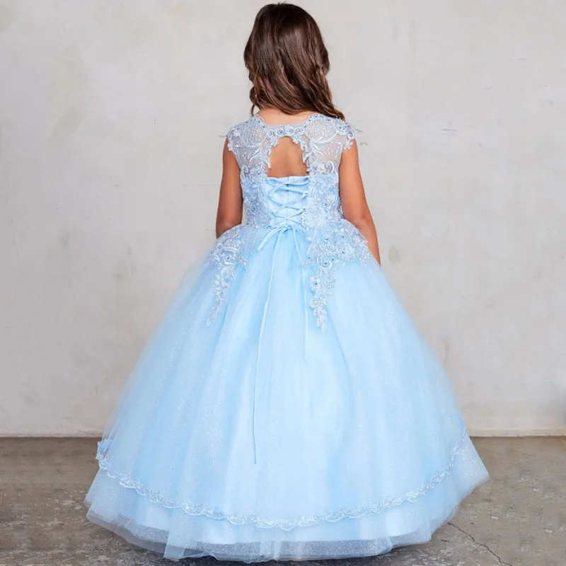 Customized Sky Blue Flower Girl Dresses Tulle Pattern Appliques Sleeveless For Wedding Birthday Party Banquet Princess Gowns