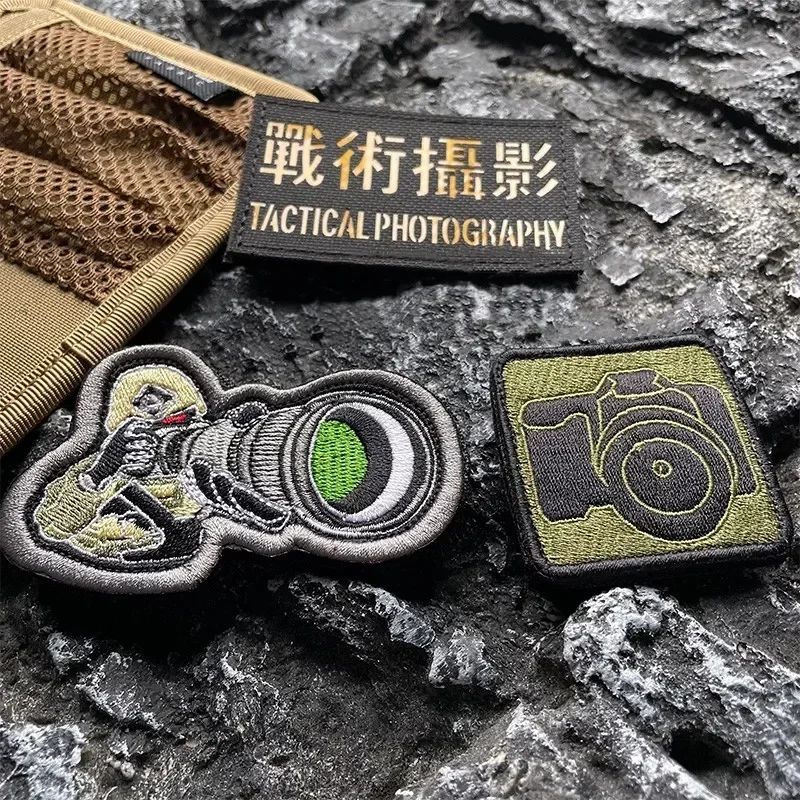 Tactical Photography Camera Morale Badges Embroidery Hook&Loop Patch Military Biting Crocodile Army Armband on Backpack Clothes