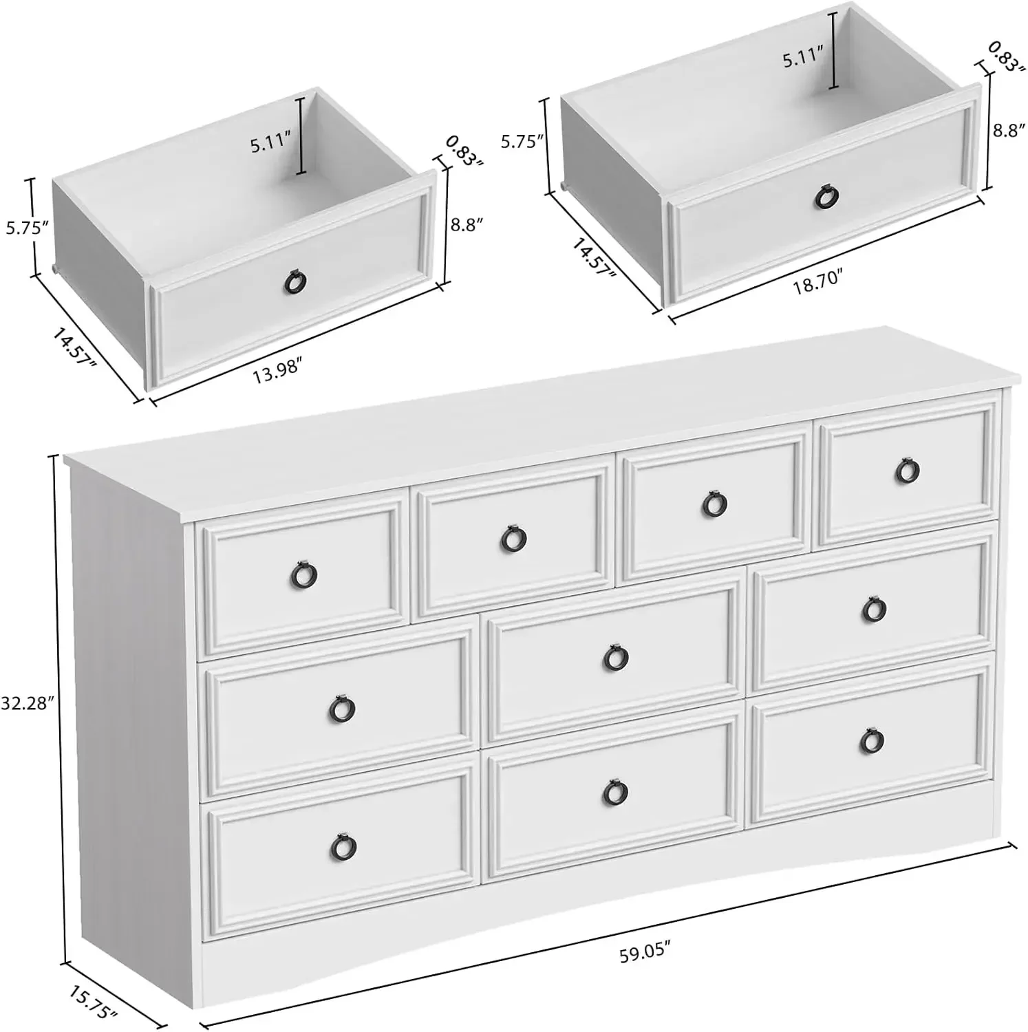 Chest of Drawers Closet Organizers and Storage Clothes - Easy Pulls Handle, Textured Borders Living Room, Hallway, White