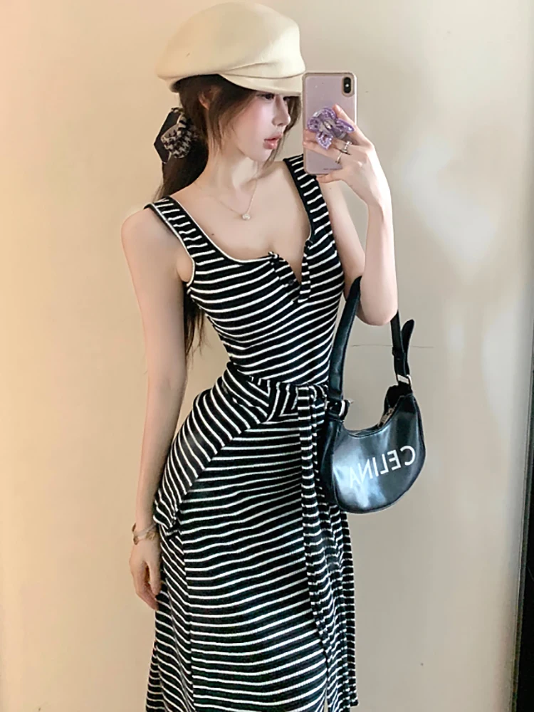 Summer Black and White Striped Square Collar Sling Sexy Dress Women Elegant Luxury Ruffled Long Dress 2025 Korean Bodycon Dress
