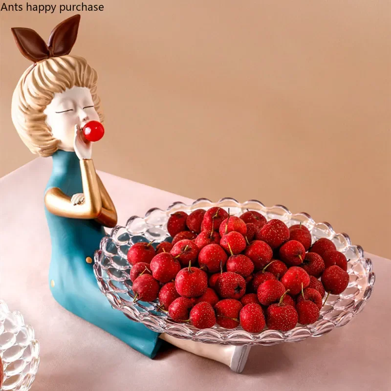 

Crystal Glass Fruit Plate Resin Girl Storage Ornaments Decoration Snacks Plate Girl with Rabbit Ears Statue Crafts Metal Tray