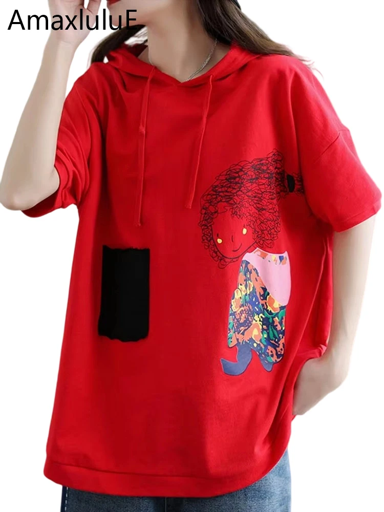Amax luluE Letnia Moda 2024 Bluzki Dziewczęce Czerwona Bluza z Kapturem Casual Damska Koszulka z Krótkim Rękawem Patchwork Damskie Ubrania z Nadrukiem Duży Rozmiar