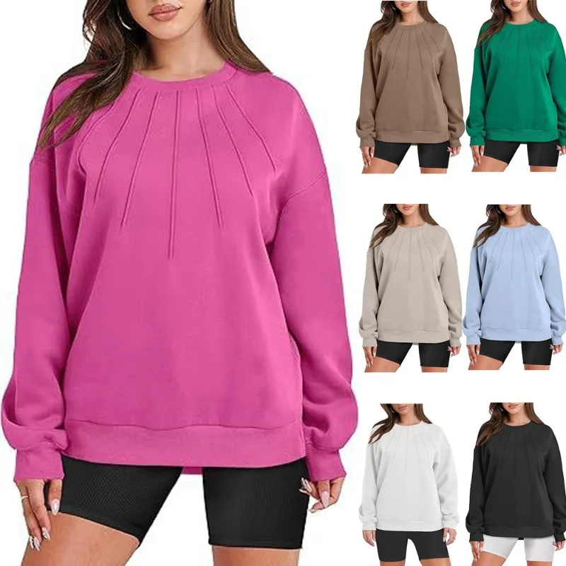 

2024 autumn winter women's long sleeved sweatshirt new loose casual round neck pleated fashionable women's sweatshirt