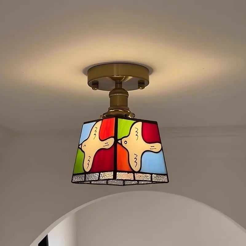 Peace pigeon chandelier, entrance balcony corridor corridor entrance retro colored all copper glass bedside decorative