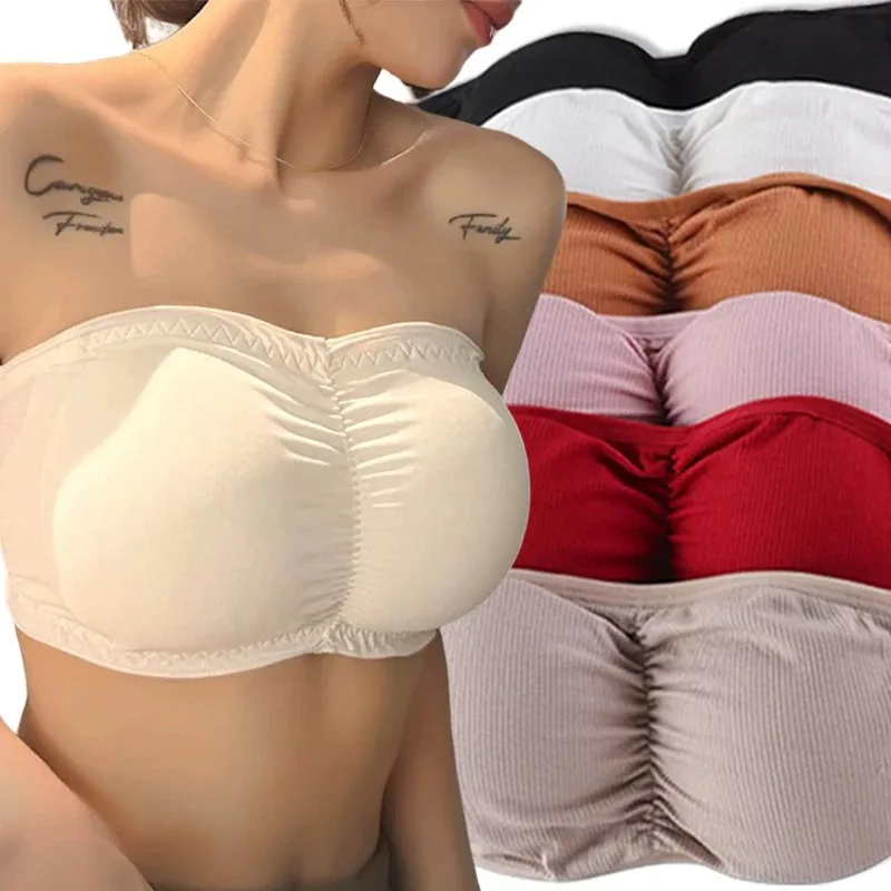 Summer Strapless Bra Women Invisible One-piece Wrapped Tube Top with Removable Pads Sexy Underwear Lingerie Cropped Tanks Girls