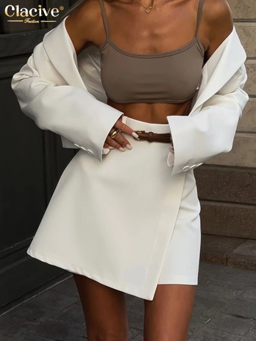 Clacive Fashion Loose White Office Skirts Sets For Women 2 Pieces Elegant Long Sleeve Crop Shirt With High Waist Mini Skirt Set