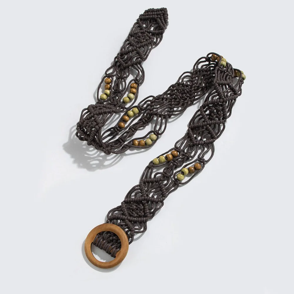 

Fashion Woven Weave Belt Retro Wax Rope Bohemian Style Belt Wooden Beads PU Leather Ethnic Style Waistband Jeans Decorative
