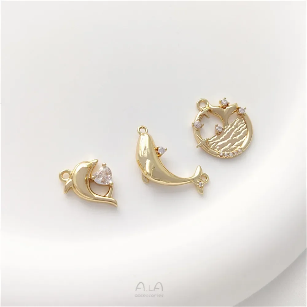 14K Gold Encrusted with Zircon Whale Dolphin Fish Tail Pendant Sea Creature Pendant Bracelet Earrings Charm