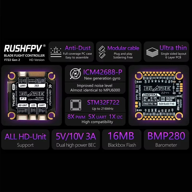 RUSHFPV BLADE V2 Stack F722 Digital / Analog Flight Controller 128K BLHELI32 Extreme 50A 4in1 ESC for RC Models FPV Drones
