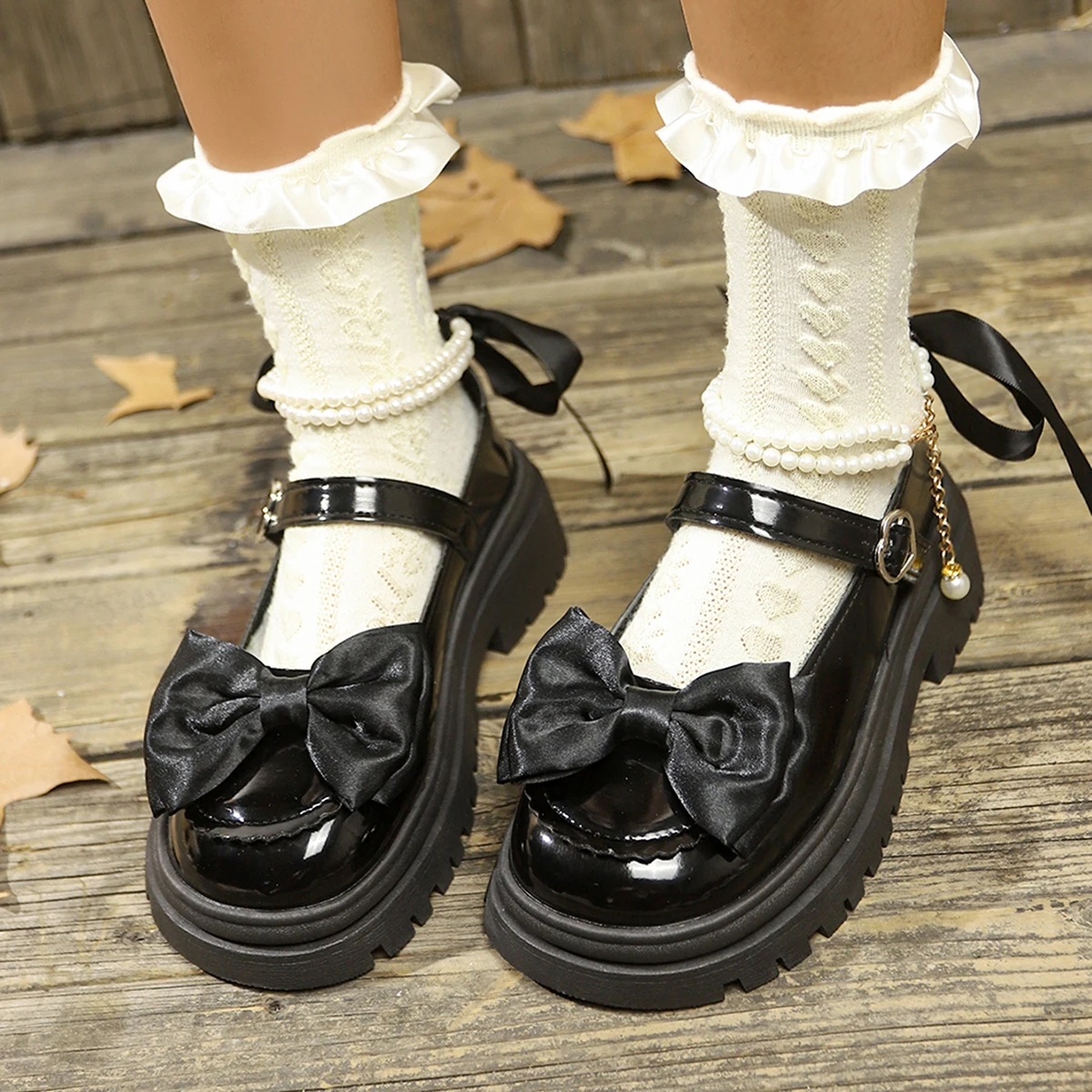 Women Lolita Shoes New Pearl Chain Mary Jane Shoes Women Fashion Versatile Outdoor Platform Heels Shoes Women Zapatos De Mujer