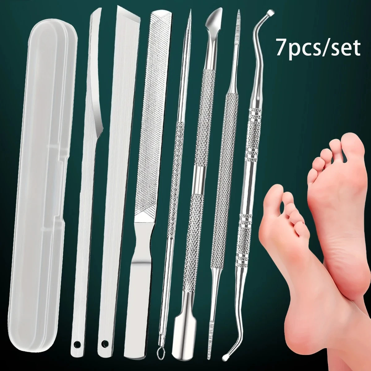 Juego de herramientas de pedicura, lima de pies, escofina, exfoliante para piel suave, tenedor de piel muerta, cuidado de cutículas, estuche de viaje portátil incluido, 7 Uds.