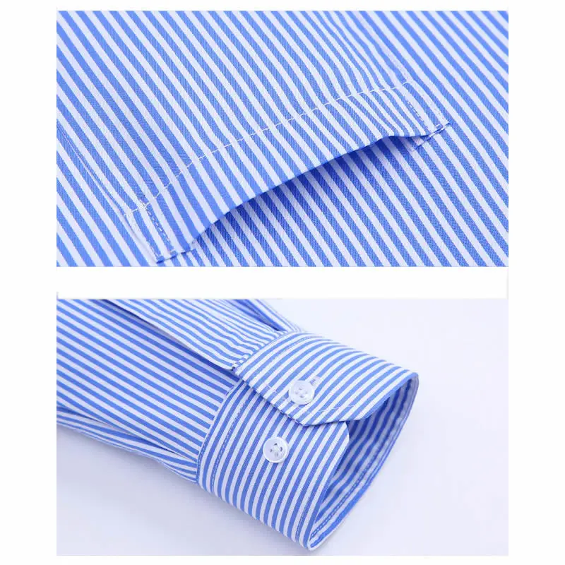 Men\'s Long Sleeve Dress Shirt Blue Striped Shirt Business Office Work Formal Casual Shirt Single Patch Pocket Standard-fit