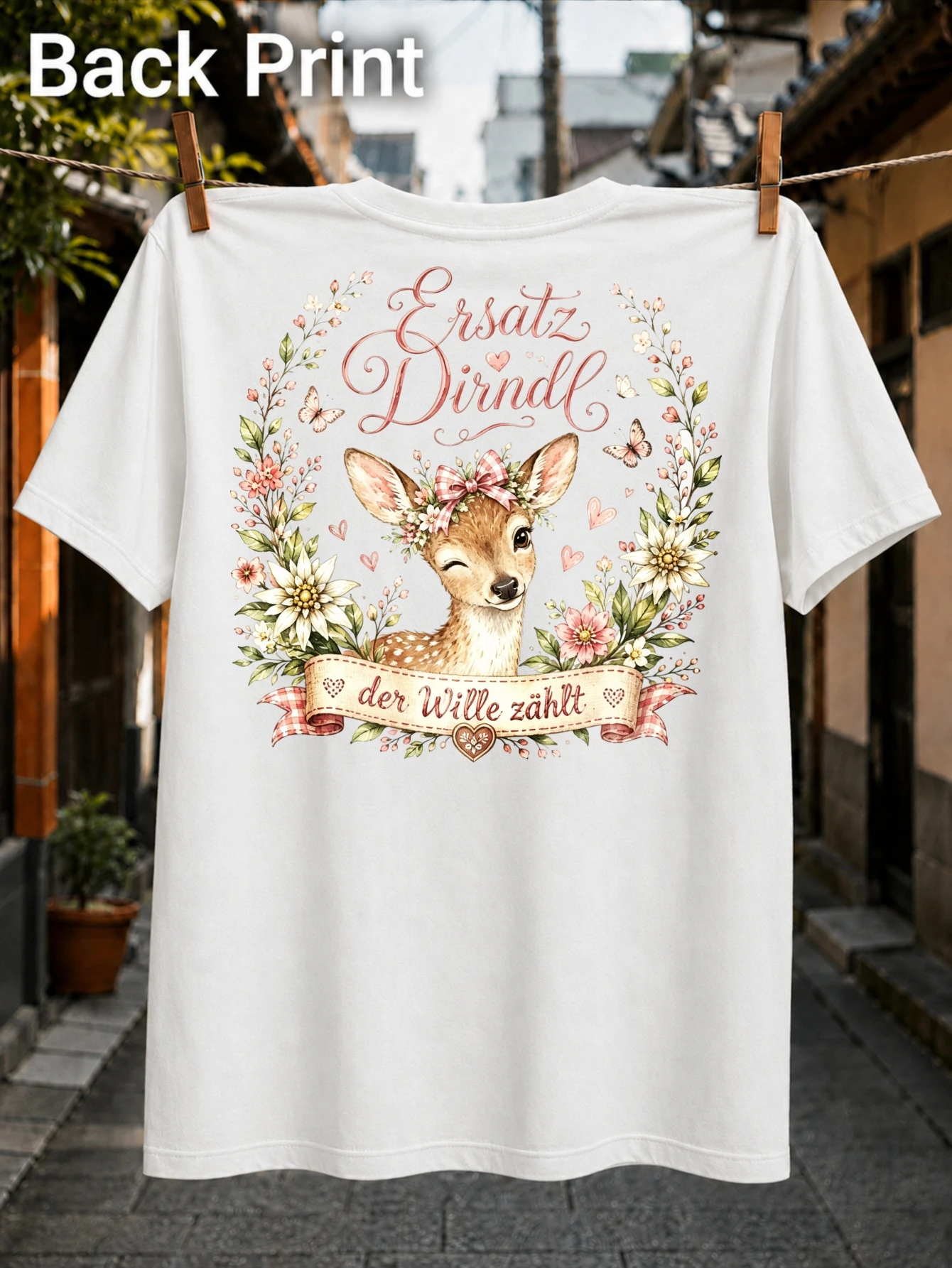 German Ersatz Dirndl Der Wille Zahlt Winking Fawn with Gingham Bow Flowers Butterflies and Ribbon  Unisex All T-Shirt