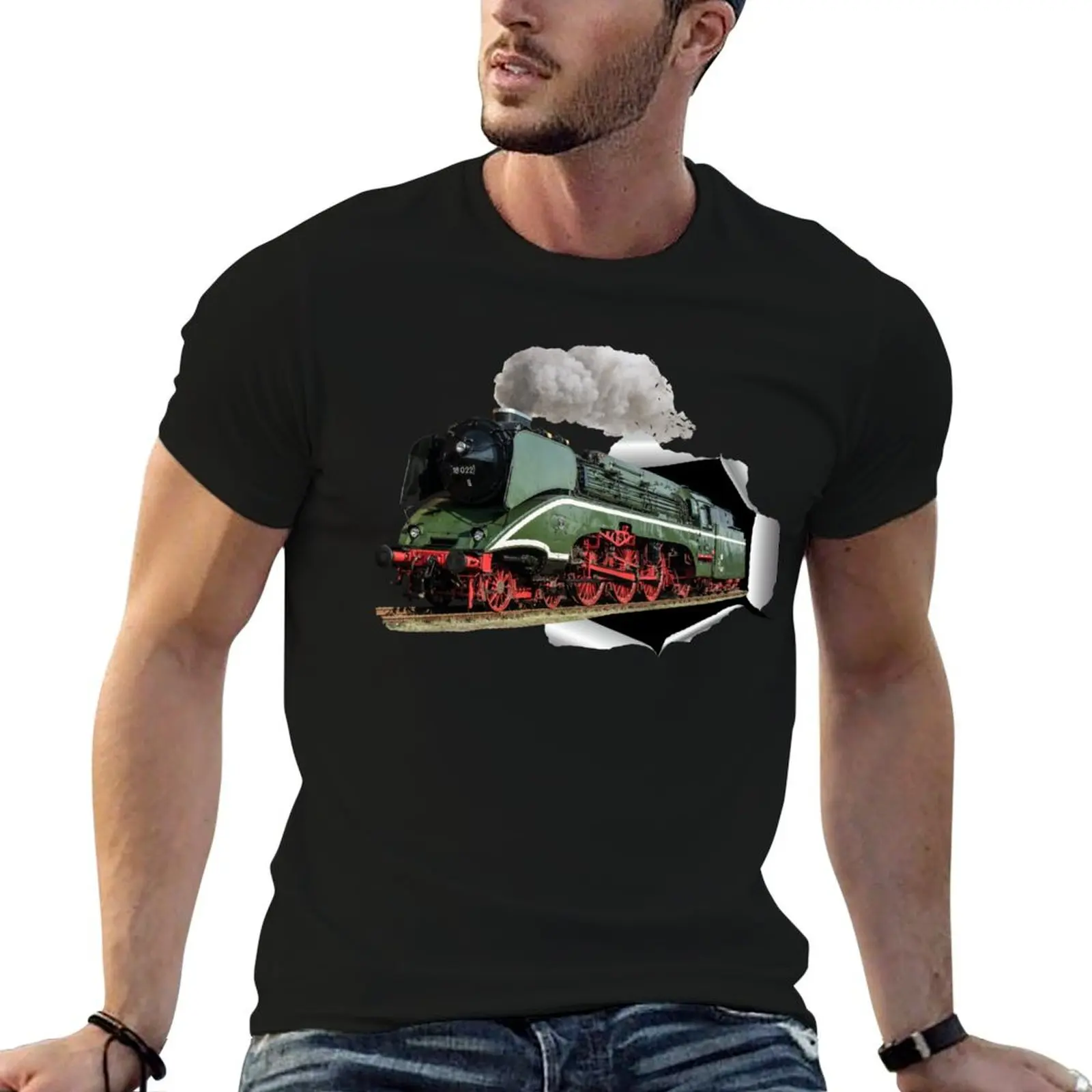 Steam locomotive breaks through paper T-Shirt anime stuff man t shirt basketball graphic tees t shirt men 100℅ cotton