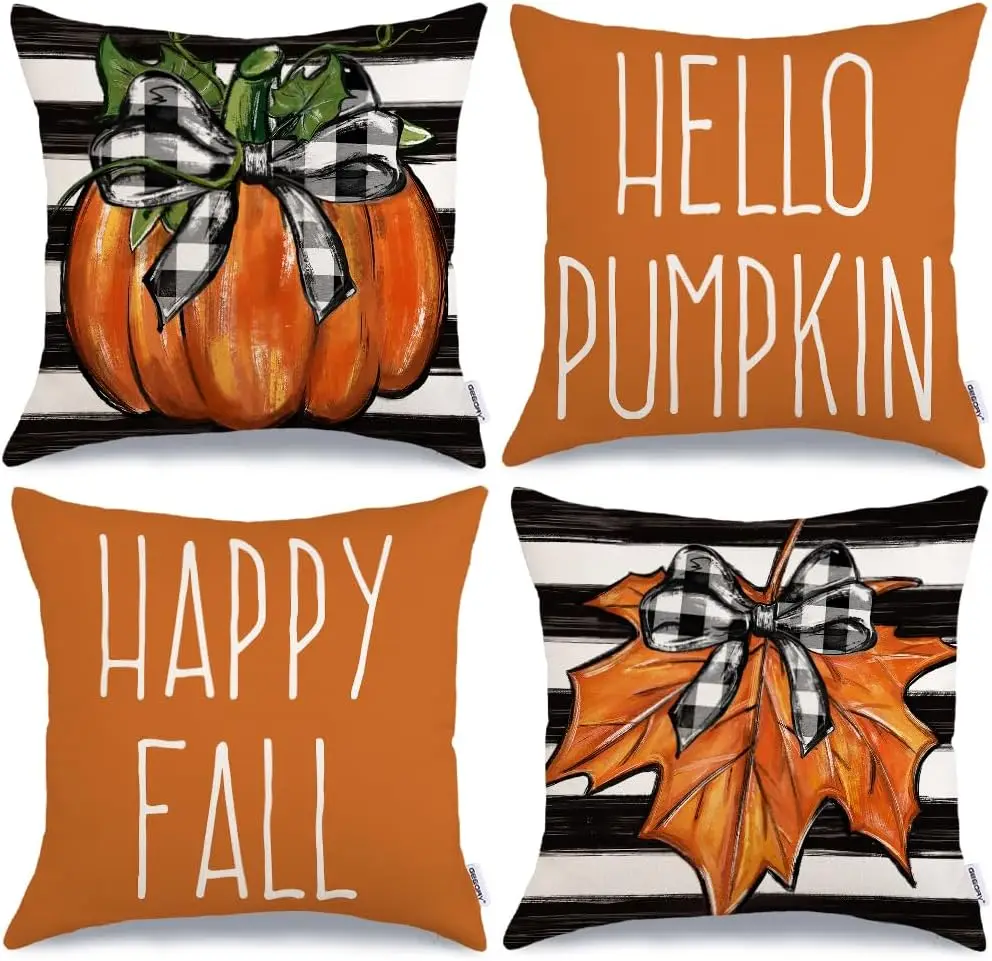 

Fall Throw Pillow Covers Set of 4 Stripes Hello Pumpkin Happy Autumn Decor Farmhouse Cushion Cases for Home Couch