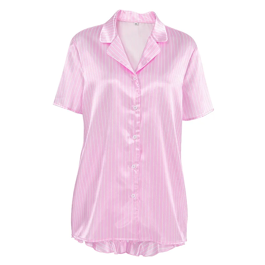 Summer Pink Striped Women\'s Pajamas Casual Suits Short Sleeve Home Clothes Shorts 2 Pcs Sleepwear Button Down Elastic Waist Pjs