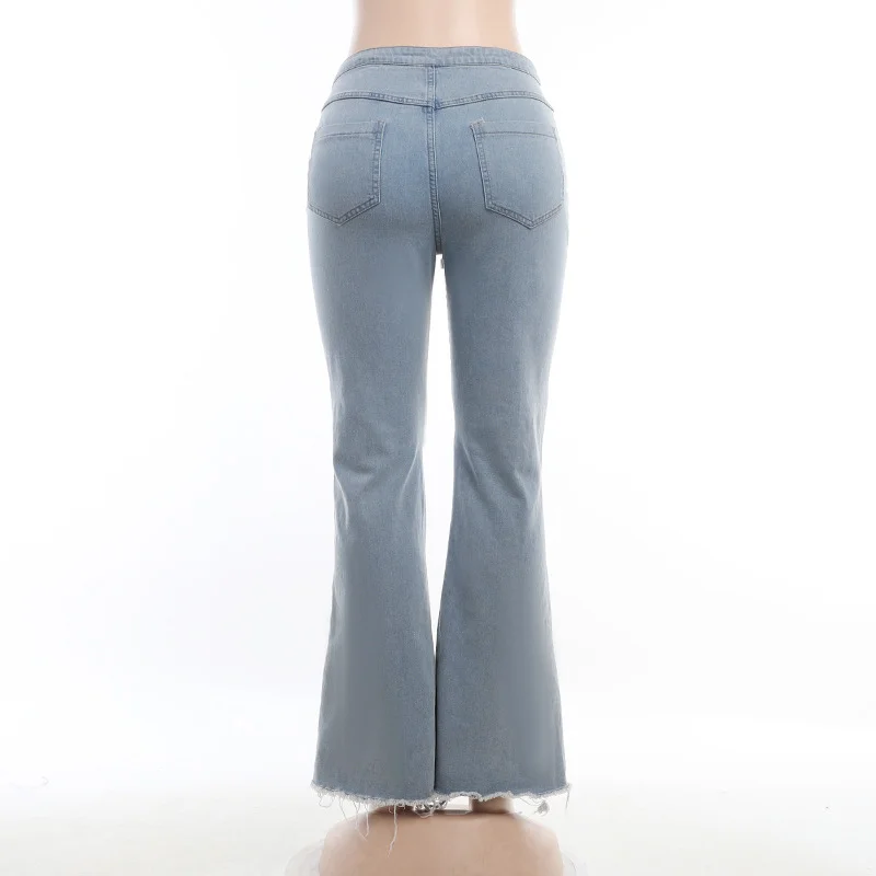 Fashion Sexy Jeans For Women High Waist Slim Bandage Flared Blouses Denim Bell Bottom Pants Female Patchwork Front Slit Trousers
