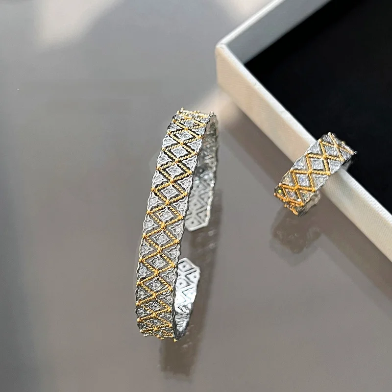 Wire-woven texture gold-inlaid micro-set bracelet - high-end imperial style diamond-set double-color gold ring - women's jewelry