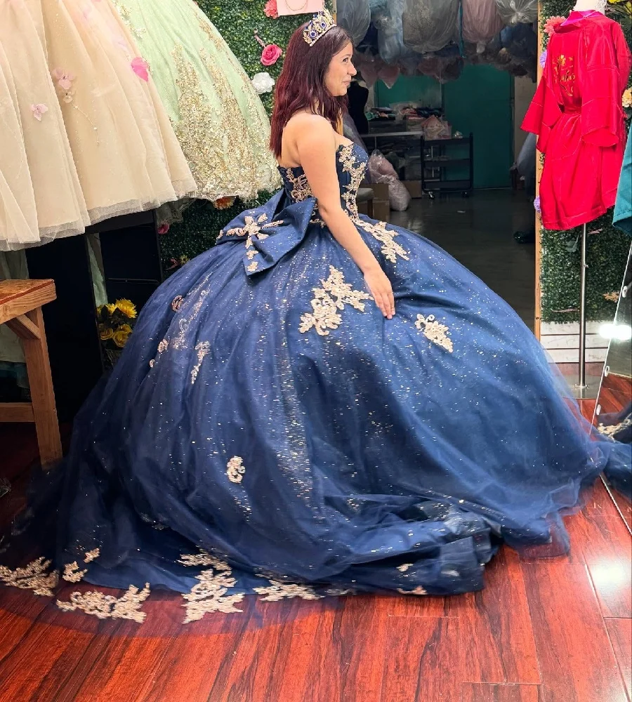 스파클 블루 베스티도스 데 15 킨세아녜라 드레스 골드 레이스 럭셔리 코르셋 볼 가운 스위트 16 드레스 생일 파티 드레스 2025