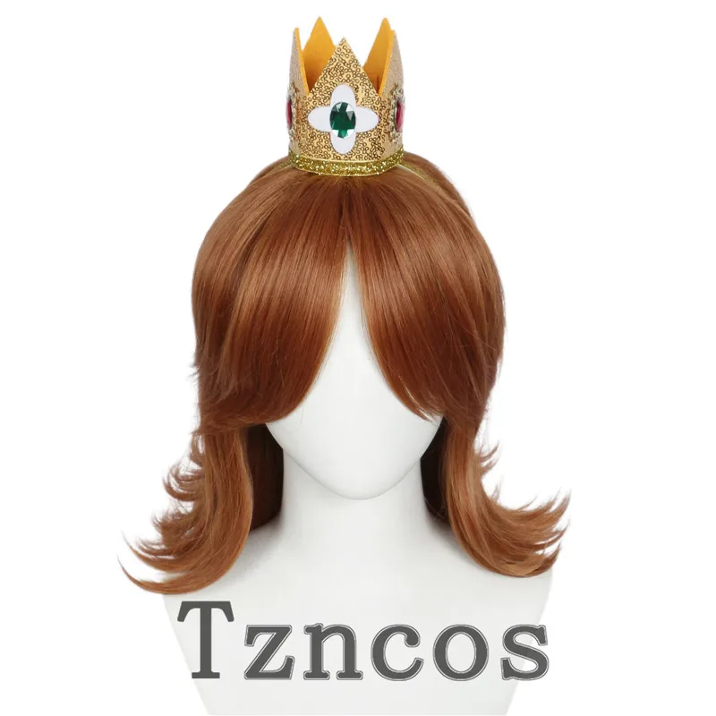 Tzncos Princess Daisy Cosplay Curly Wig Orange Brown Long Wig with Crown Heat Resistant Synthetic Hair