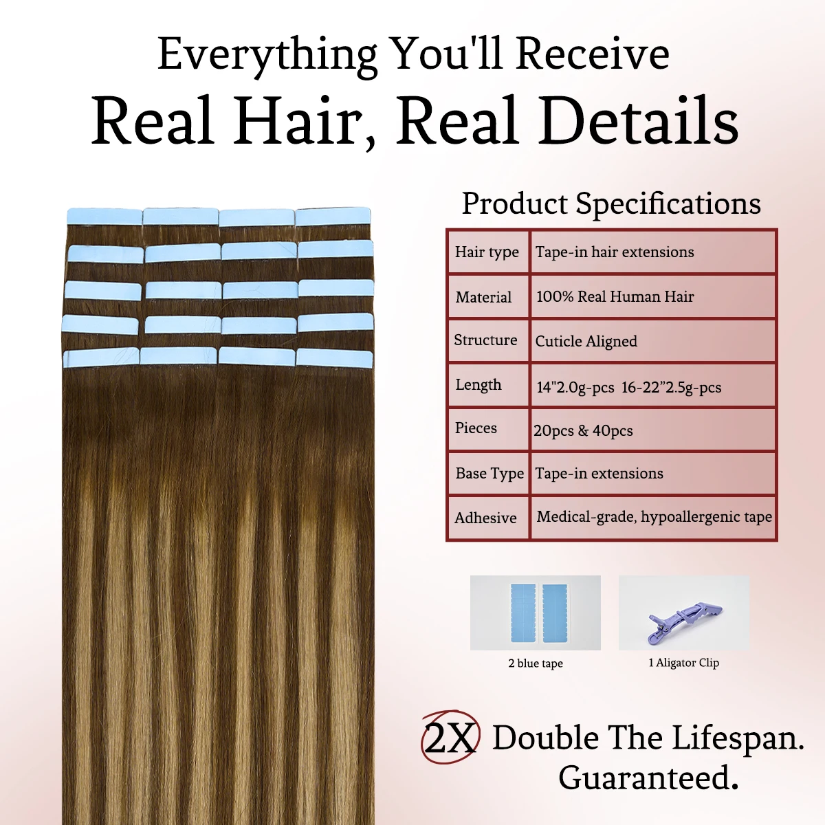 LOVELINE 15A وصلات شعر بشريط 20 قطعة غراء على Balayage لون مزدوج مسحوب 100% ريمي شعر بشري ملحقات مصنوعة آليًا #3