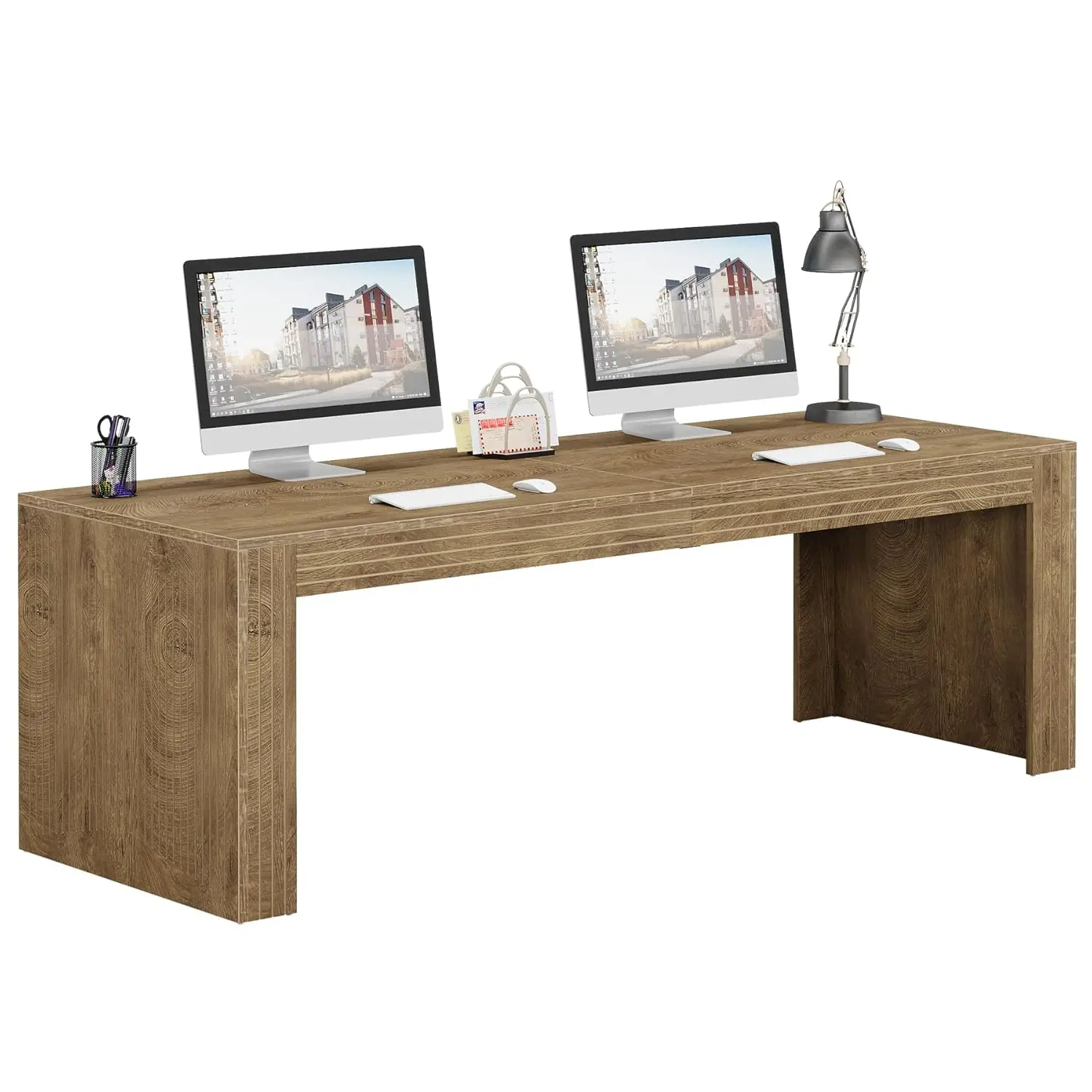 #79-Inch Extra Long Double Computer Desk, Two Person Workstation, Wooden Writing Table for Home Office, Natural Oak, Customized