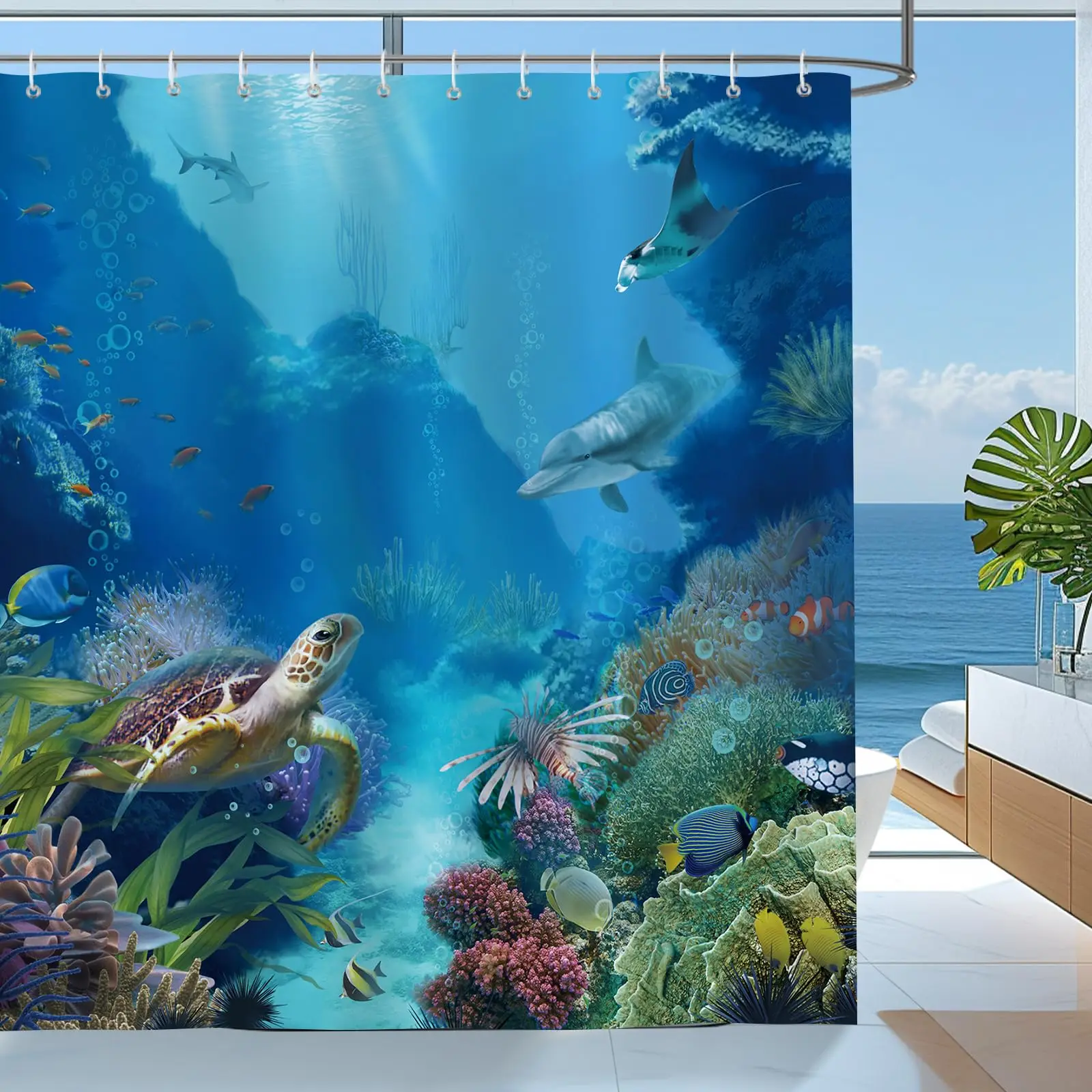 

Ocean Animal Beach Shower Curtain Tropical Fish Turtle Coral Bath Curtain Underwater World Bathroom Curtain with Plastic Hooks