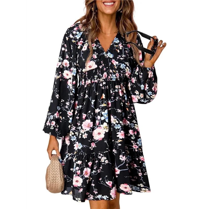 CYL-Fall Dresses For Women Boho Floral V Neck Long Sleeve Smocked Elastic Waist Casual A-Line Mini Dress Sundress