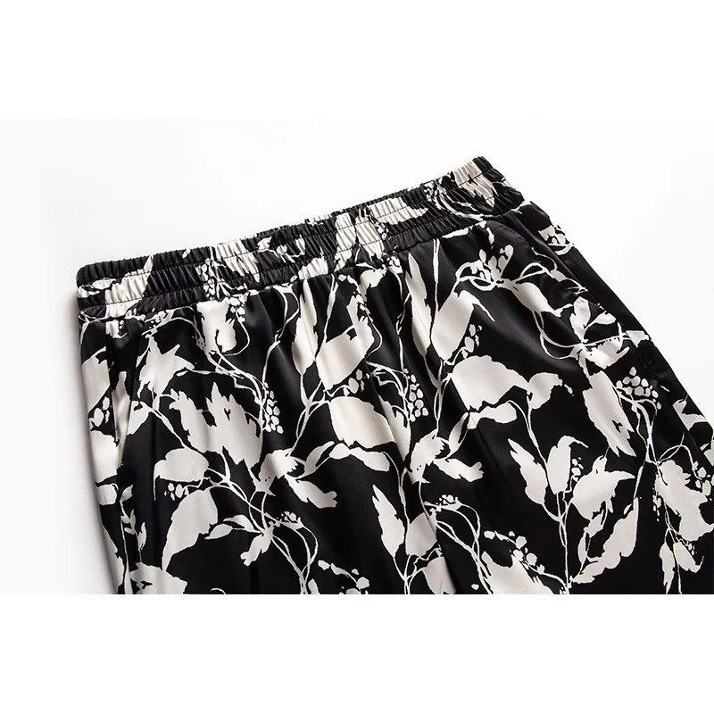 Pantalones informales finos de pierna ancha para mamá, pantalones de mujer con estampado Floral de ocio de verano de mediana edad, corte recto de cintura alta, nueve puntos