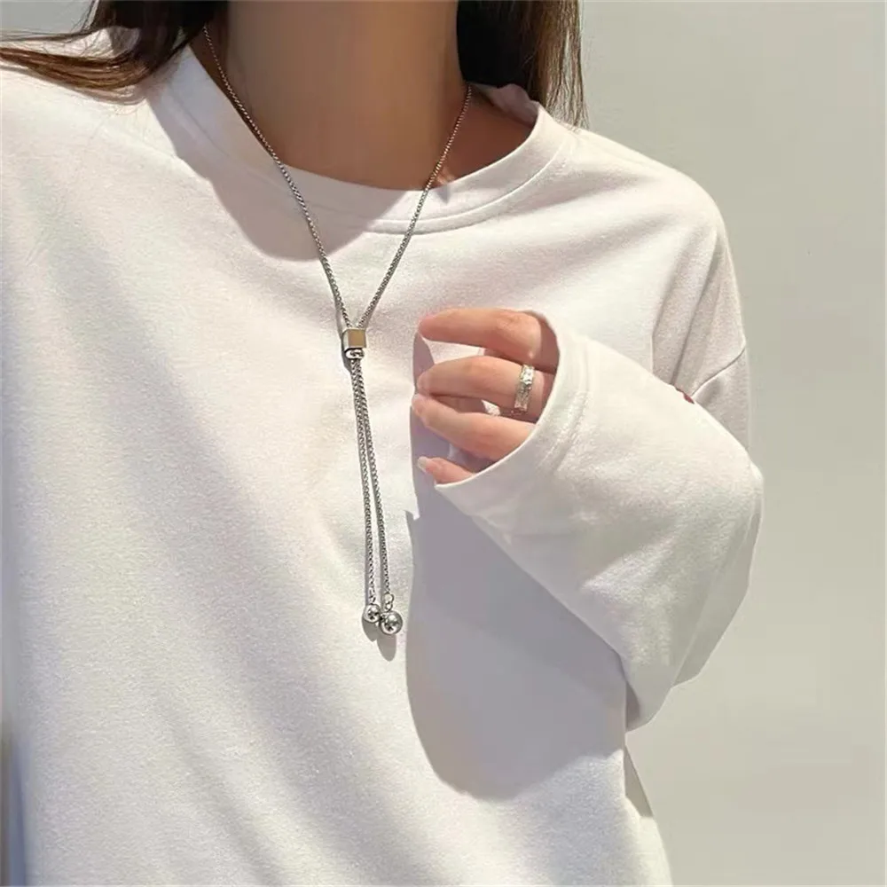 Fashion Simple Ball Pendant Necklace for Women Long Tassel Pull Design Sweater Chain Necklace Stainless Steels Jewelry Collares