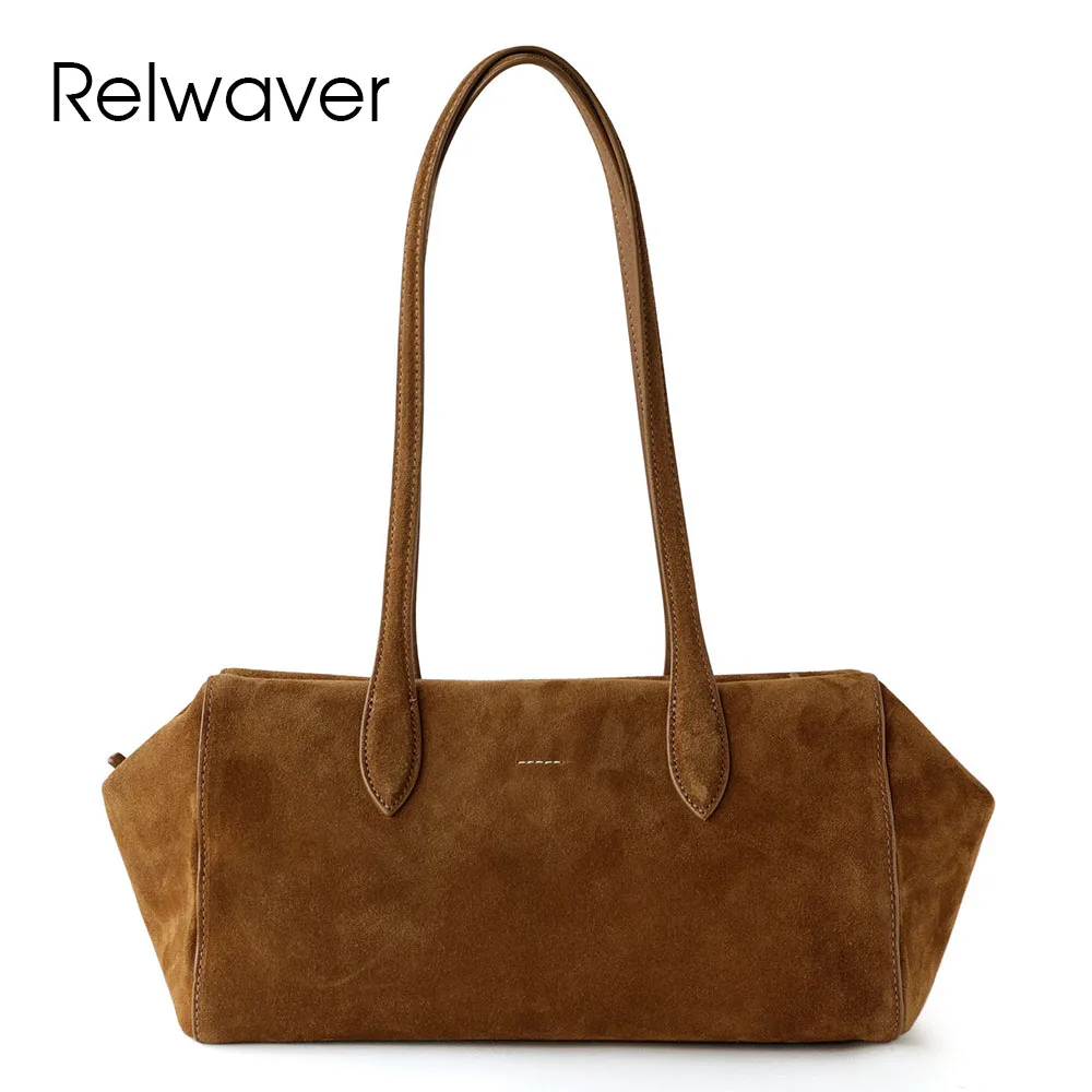 

Relwaver women shoulder bag suede cowhide long tote bag 2025 winter fashion golden brown coffee women handbag for ladies