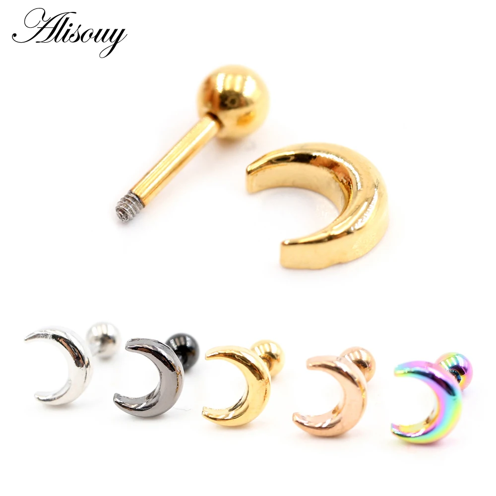 Alisouy 2PCS C Letter Moon Stainless Steel Ball Women Girl Men Boy Dumbbell Barbell Pierceing Ear Stud Earrings Fashion Jewelry