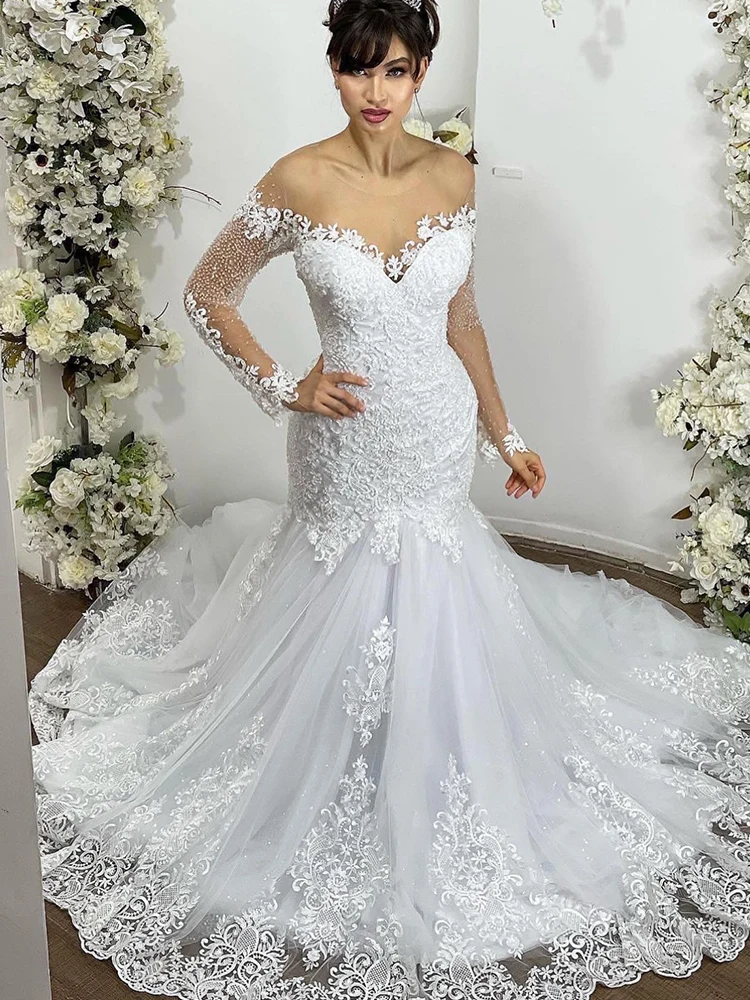 Luxurious Mermaid Wedding Dress Organza With Embroidery Lace Beading Ball Gown O-Neck Full Sleeve Bridal Dress Lace Up Appliques