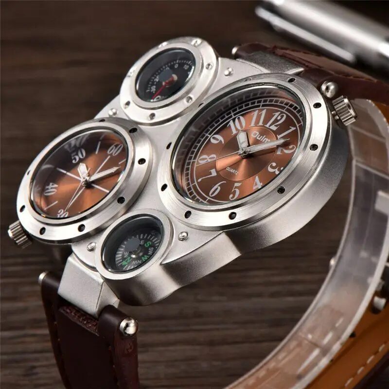 Big Face Oulm Original Quartz Watches Design Dual Time Watch Decorative Compass