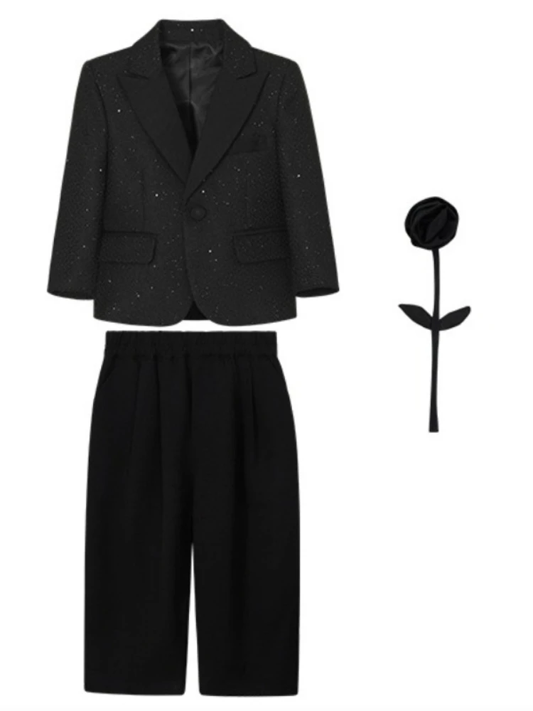 Teen Boys Blazer Set Elegant Black Sequins Kids Birthday Dinner Tuxedo Formal Flower Boy Wedding Piano Host Performance Suit